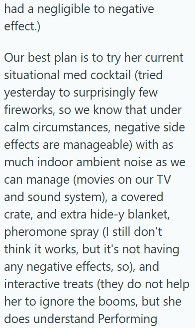 had a negligible to negative effect.) Our best plan is to try her current situational med cocktail (tried yesterday to surprisingly few fireworks, so we know that under calm circumstances, negative side effects are manageable) with as much indoor ambient noise as we can manage (movies on our TV and sound system), a covered crate, and extra hide-y blanket, pheromone spray (I still don't think it works, but it's not having any negative effects, so), and interactive treats (they do not help her to