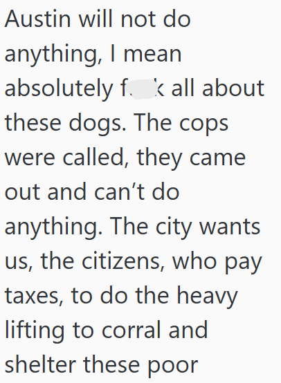 Austin will not do anything, I mean absolutely fall about these dogs. The cops were called, they came out and can't do anything. The city wants us, the citizens, who pay taxes, to do the heavy lifting to corral and shelter these poor