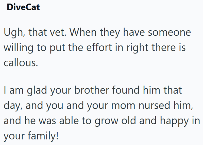 DiveCat Ugh, that vet. When they have someone willing to put the effort in right there is callous. I am glad your brother found him that day, and you and your mom nursed him, and he was able to grow old and happy in your family!