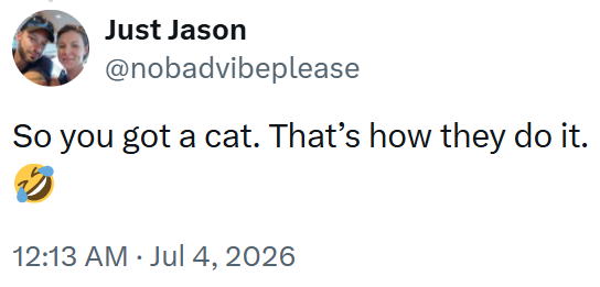Just Jason @nobadvibeplease So you got a cat. That's how they do it. 12:13 AM ⚫ Jul 4, 2026 •
