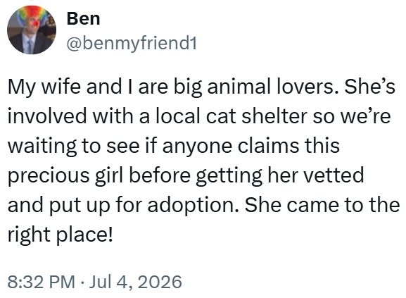Ben @benmyfriend1 My wife and I are big animal lovers. She's involved with a local cat shelter so we're waiting to see if anyone claims this precious girl before getting her vetted and put up for adoption. She came to the right place! 8:32 PM ⚫ Jul 4, 2026 •