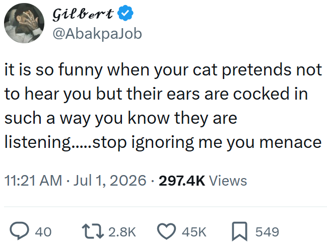 Gilbert @AbakpaJob it is so funny when your cat pretends not to hear you but their ears are cocked in such a way you know they are listening.....stop ignoring me you menace 11:21 AM ⚫ Jul 1, 2026 · 297.4K Views > 40 12.8K 45K 549