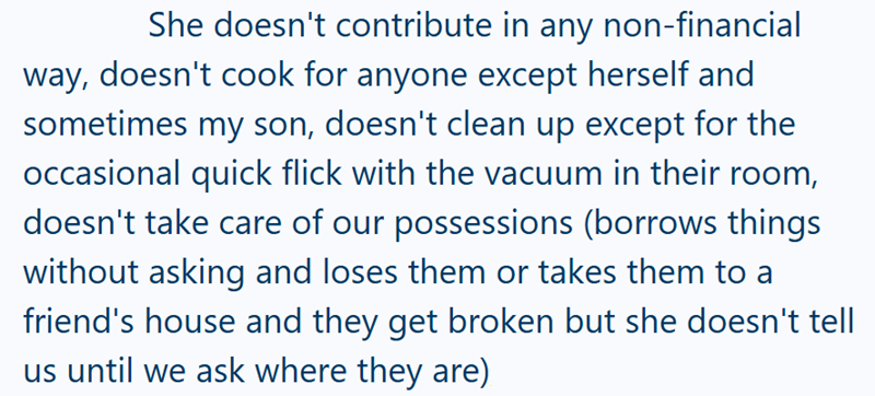 She doesn't contribute in any non-financial way, doesn't cook for anyone except herself and sometimes my son, doesn't clean up except for the occasional quick flick with the vacuum in their room, doesn't take care of our possessions (borrows things without asking and loses them or takes them to a friend's house and they get broken but she doesn't tell us until we ask where they are)