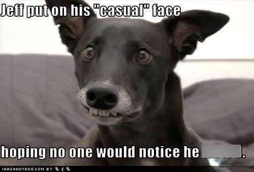 Jeff put on his "casual" face hoping no one would notice he IHASAHOTDOG.COM BY