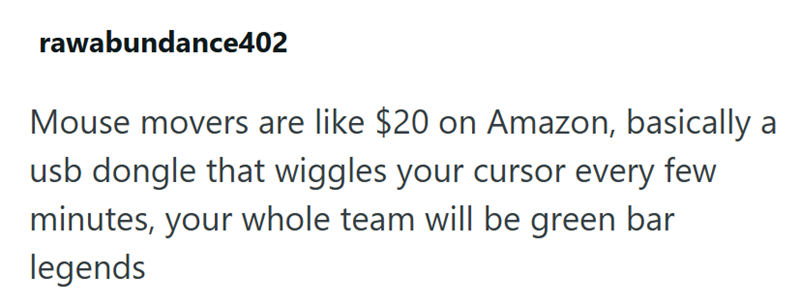 rawabundance402 Mouse movers are like $20 on Amazon, basically a usb dongle that wiggles your cursor every few minutes, your whole team will be green bar legends