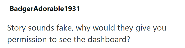 BadgerAdorable1931 Story sounds fake, why would they give you permission to see the dashboard?