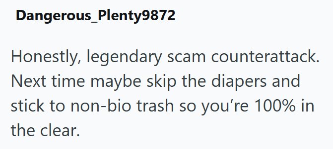 Dangerous_Plenty9872 Honestly, legendary scam counterattack. Next time maybe skip the diapers and stick to non-bio trash so you're 100% in the clear.