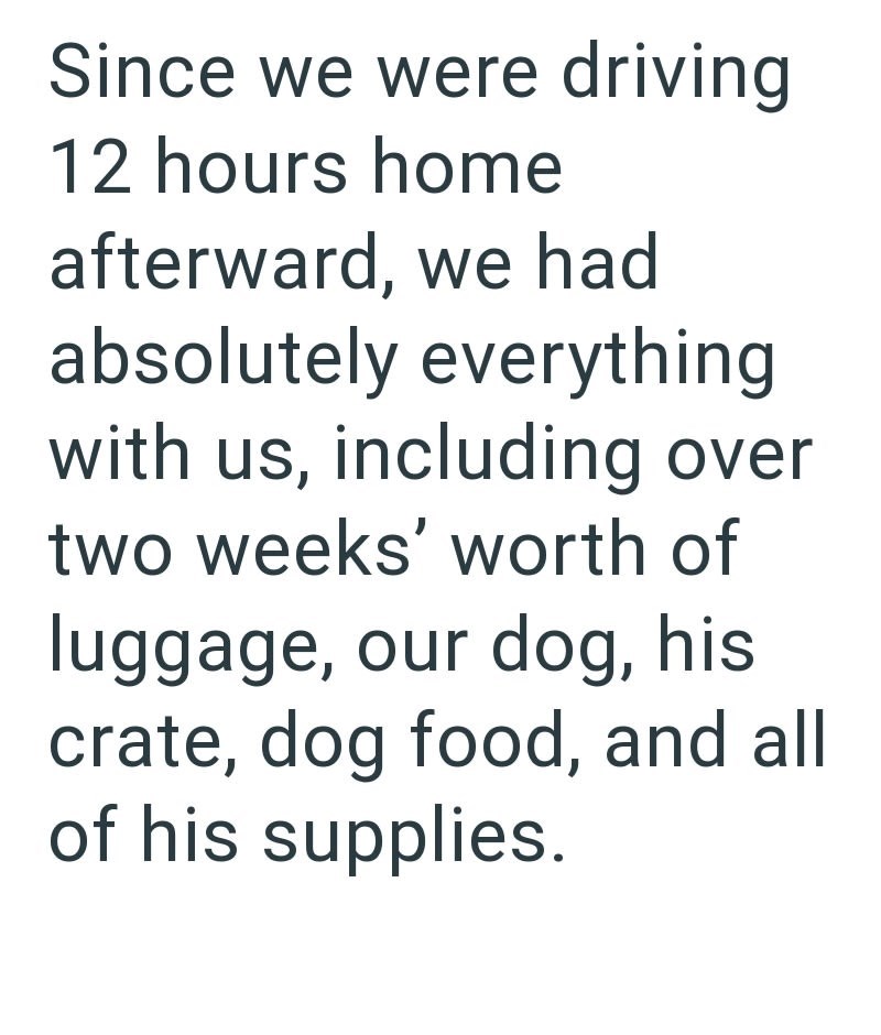 Since we were driving 12 hours home afterward, we had absolutely everything with us, including over two weeks' worth of luggage, our dog, his crate, dog food, and all of his supplies.