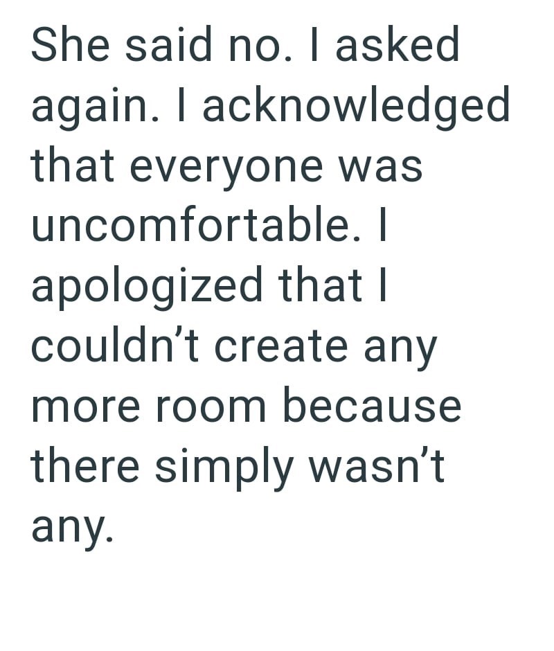 She said no. I asked again. I acknowledged that everyone was uncomfortable. I apologized that I couldn't create any more room because there simply wasn't any.