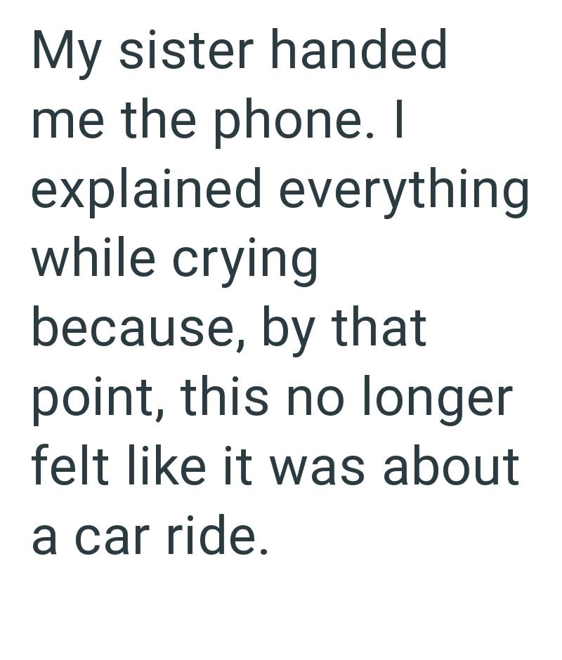 My sister handed me the phone. I explained everything while crying because, by that point, this no longer felt like it was about a car ride.