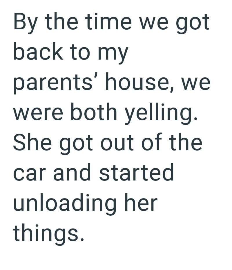 By the time we got back to my parents' house, we were both yelling. She got out of the car and started unloading her things.