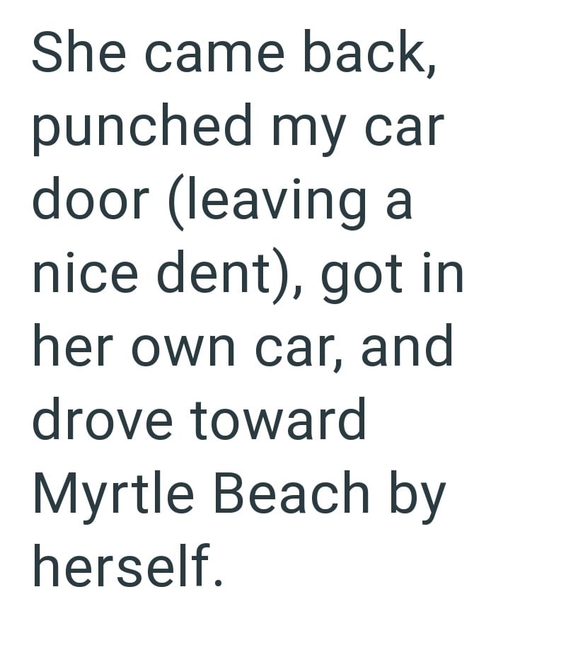 She came back, punched my car door (leaving a nice dent), got in her own car, and drove toward Myrtle Beach by herself.