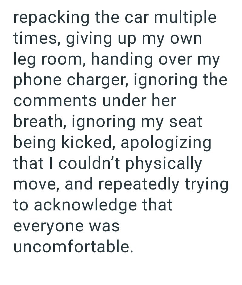 repacking the car multiple times, giving up my own leg room, handing over my phone charger, ignoring the comments under her breath, ignoring my seat being kicked, apologizing that I couldn't physically move, and repeatedly trying to acknowledge that everyone was uncomfortable.