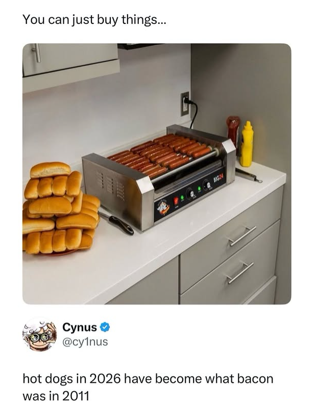 You can just buy things... BIG24 Cynus ❤ @cy1nus hot dogs in 2026 have become what bacon was in 2011