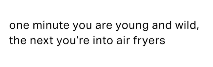 one minute you are young and wild, the next you're into air fryers