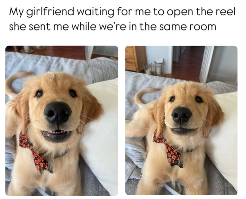 My girlfriend waiting for me to open the reel she sent me while we're in the same room