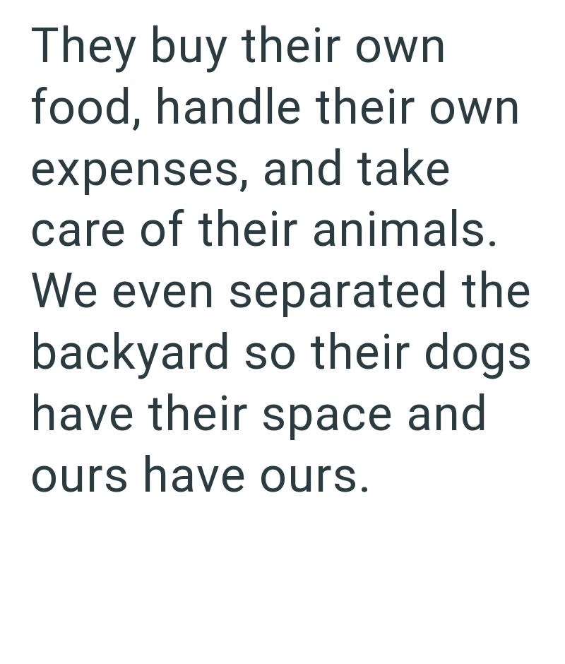 They buy their own food, handle their own expenses, and take care of their animals. We even separated the backyard so their dogs. have their space and ours have ours.