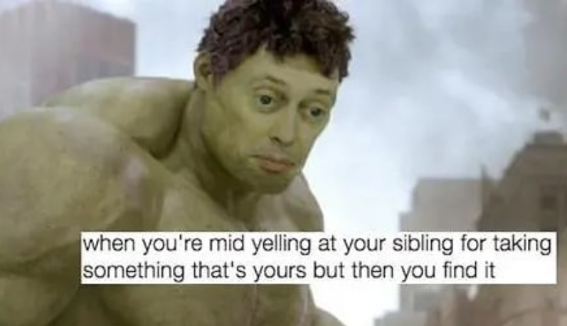 when you're mid yelling at your sibling for taking something that's yours but then you find it