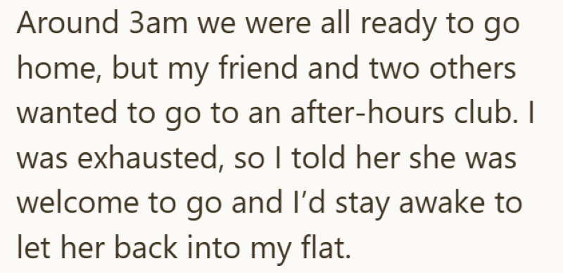 Around 3am we were all ready to go home, but my friend and two others wanted to go to an after-hours club. I was exhausted, so I told her she was welcome to go and I'd stay awake to let her back into my flat.