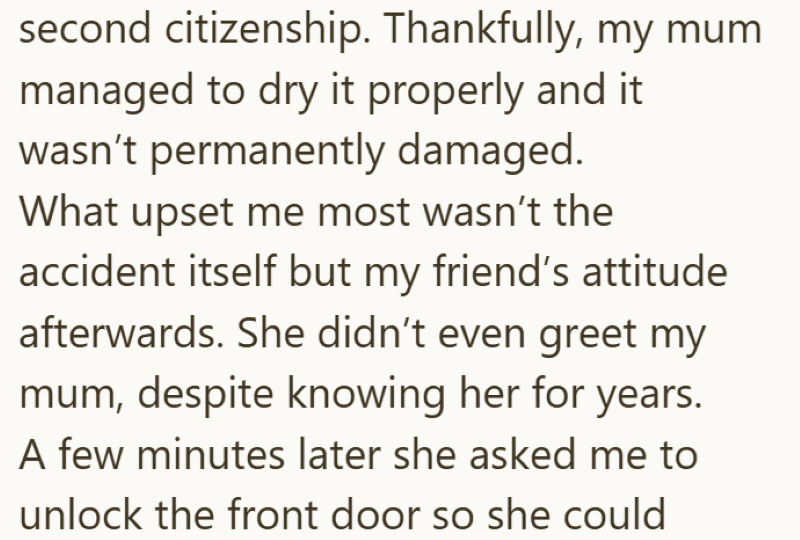 second citizenship. Thankfully, my mum managed to dry it properly and it wasn't permanently damaged. What upset me most wasn't the accident itself but my friend's attitude afterwards. She didn't even greet my mum, despite knowing her for years. A few minutes later she asked me to unlock the front door so she could