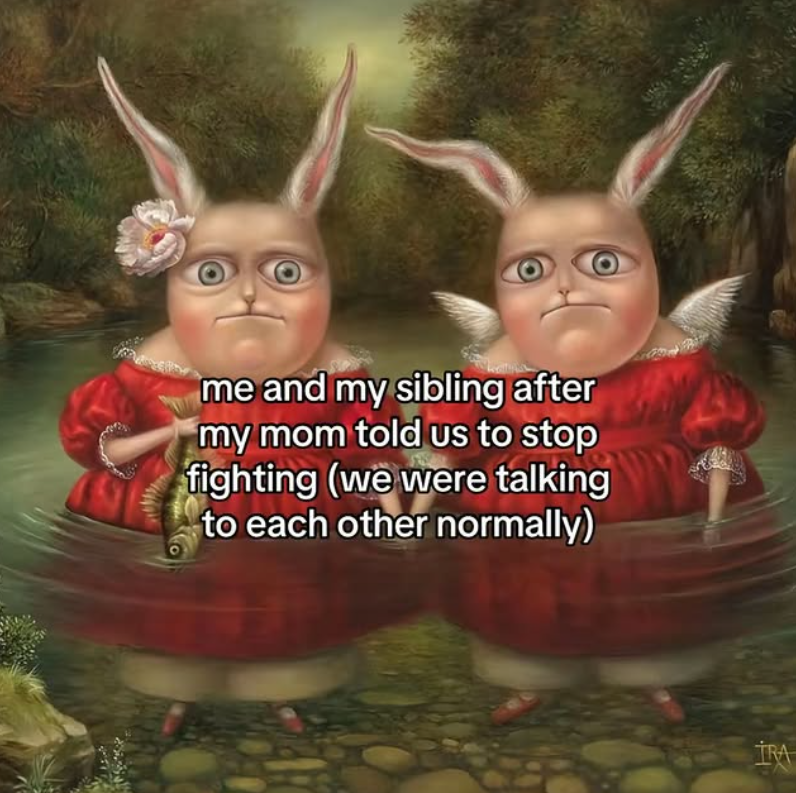 me and my sibling after my mom told us to stop fighting (we were talking to each other normally) IRA