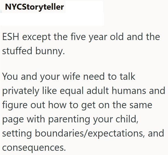 NYCStoryteller ESH except the five year old and the stuffed bunny. You and your wife need to talk privately like equal adult humans and figure out how to get on the same page with parenting your child, setting boundaries/expectations, and consequences.