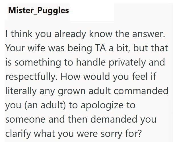 Mister_Puggles I think you already know the answer. Your wife was being TA a bit, but that is something to handle privately and respectfully. How would you feel if literally any grown adult commanded you (an adult) to apologize to someone and then demanded you clarify what you were sorry for?