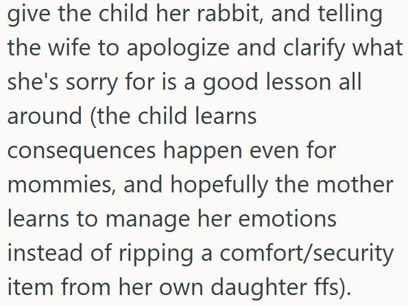 give the child her rabbit, and telling the wife to apologize and clarify what she's sorry for is a good lesson all around (the child learns consequences happen even for mommies, and hopefully the mother learns to manage her emotions instead of ripping a comfort/security item from her own daughter ffs).
