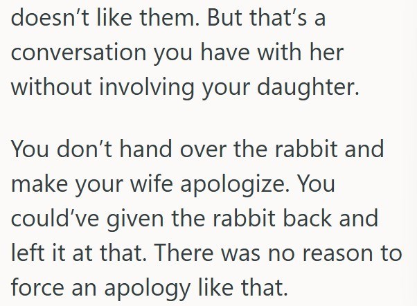 doesn't like them. But that's a conversation you have with her without involving your daughter. You don't hand over the rabbit and make your wife apologize. You could've given the rabbit back and left it at that. There was no reason to force an apology like that.