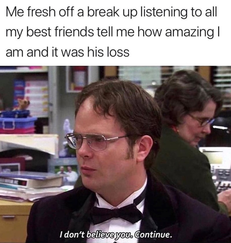 Me fresh off a break up listening to all my best friends tell me how amazing I am and it was his loss I don't believe you. Continue.