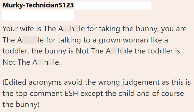 Murky-Technician5123 Your wife is The Ah le for taking the bunny, you are The A le for talking to a grown woman like a toddler, the bunny is Not The Ahle the toddler is Not The Ah le. (Edited acronyms avoid the wrong judgement as this is the top comment ESH except the child and of course the bunny)