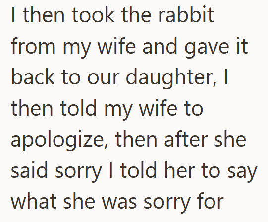I then took the rabbit from my wife and gave it back to our daughter, I then told my wife to apologize, then after she said sorry I told her to say what she was sorry for