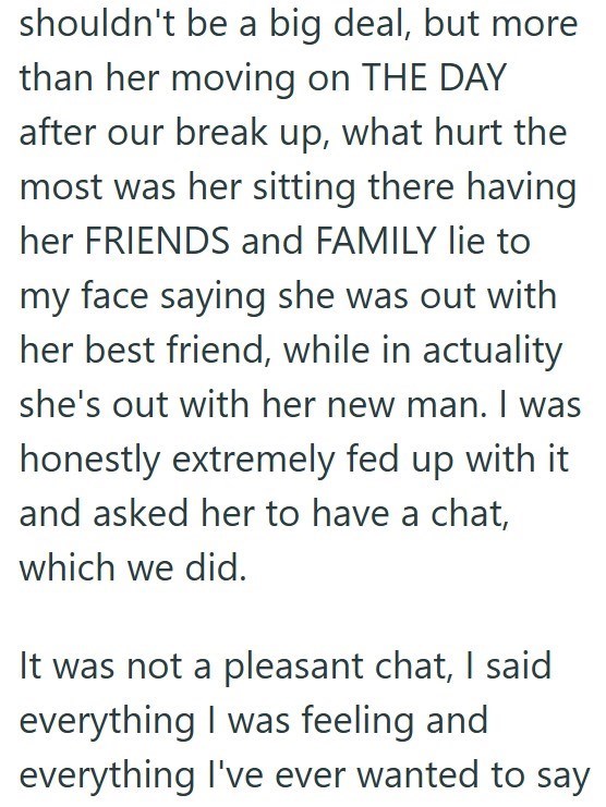 shouldn't be a big deal, but more than her moving on THE DAY after our break up, what hurt the most was her sitting there having her FRIENDS and FAMILY lie to my face saying she was out with her best friend, while in actuality she's out with her new man. I was honestly extremely fed up with it and asked her to have a chat, which we did. It was not a pleasant chat, I said everything I was feeling and everything I've ever wanted to say