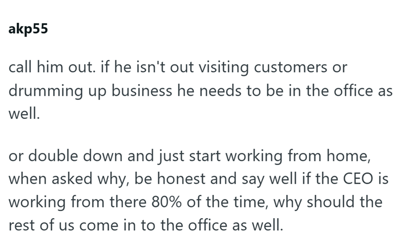 akp55 call him out. if he isn't out visiting customers or drumming up business he needs to be in the office as well. or double down and just start working from home, when asked why, be honest and say well if the CEO is working from there 80% of the time, why should the rest of us come in to the office as well.