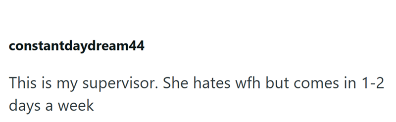 constantdaydream44 This is my supervisor. She hates wfh but comes in 1-2 days a week