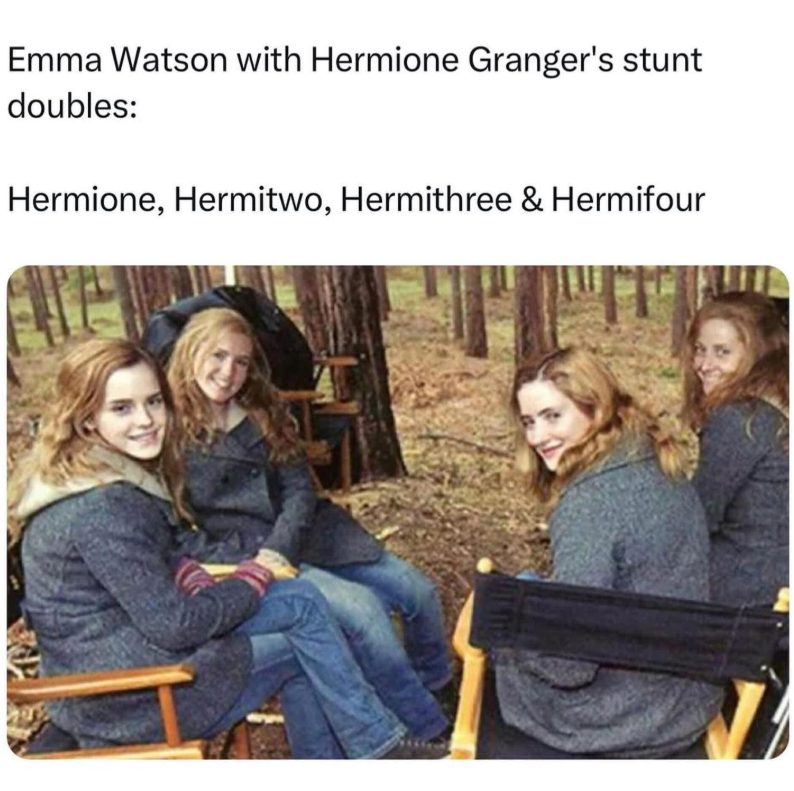 Emma Watson with Hermione Granger's stunt doubles: Hermione, Hermitwo, Hermithree & Hermifour