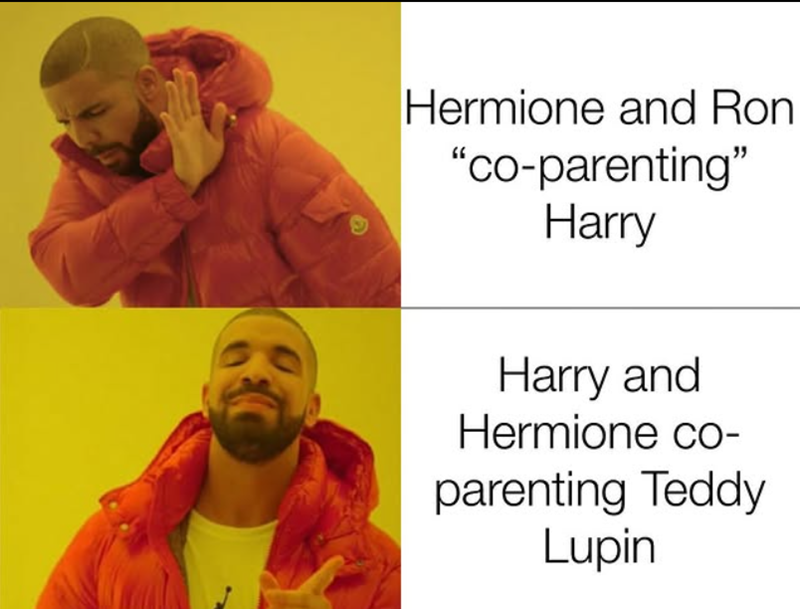 Hermione and Ron "co-parenting" Harry Harry and Hermione co- parenting Teddy Lupin