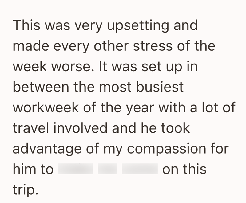 This was very upsetting and made every other stress of the week worse. It was set up in between the most busiest workweek of the year with a lot of travel involved and he took advantage of my compassion for him to trip. on this