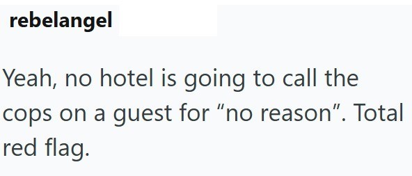 rebelangel Yeah, no hotel is going to call the cops on a guest for "no reason". Total red flag.