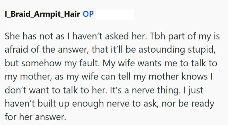 I_Braid_Armpit_Hair OP She has not as I haven't asked her. Tbh part of my is afraid of the answer, that it'll be astounding stupid, but somehow my fault. My wife wants me to talk to my mother, as my wife can tell my mother knows I don't want to talk to her. It's a nerve thing. I just haven't built up enough nerve to ask, nor be ready for her answer.