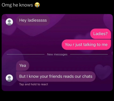 Omg he knows Hey ladiesssss Yea Ladies? You r just talking to me New messages But I know your friends reads our chats Tap and hold to react