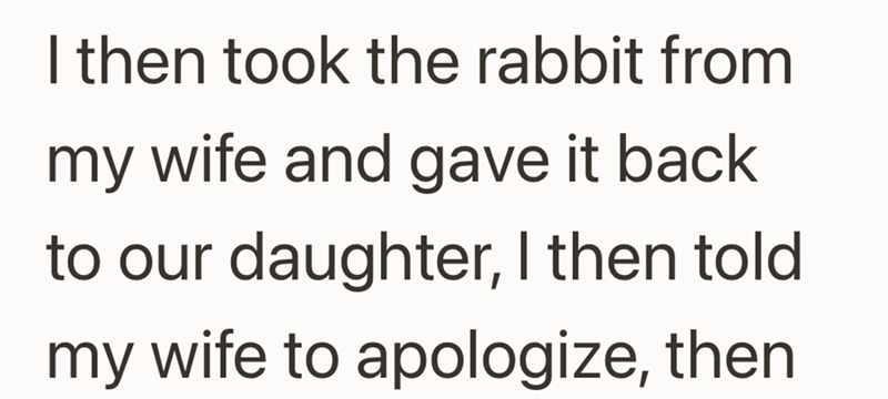 I then took the rabbit from my wife and gave it back to our daughter, I then told my wife to apologize, then