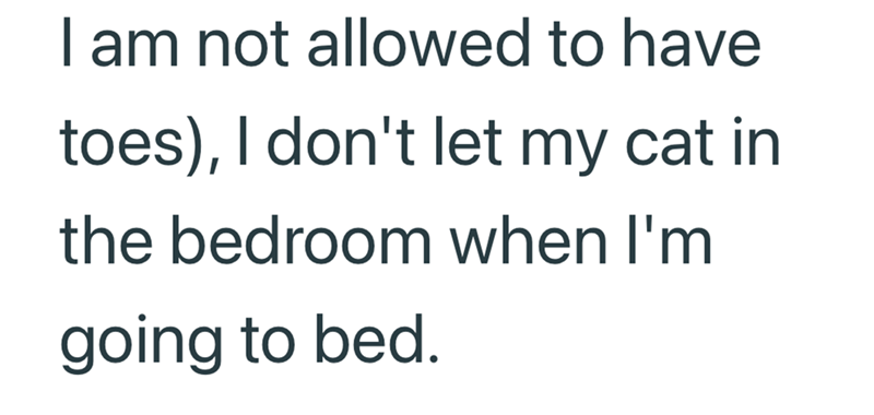 I am not allowed to have toes), I don't let my cat in the bedroom when I'm going to bed.