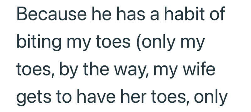 Because he has a habit of biting my toes (only my toes, by the way, my wife gets to have her toes, only