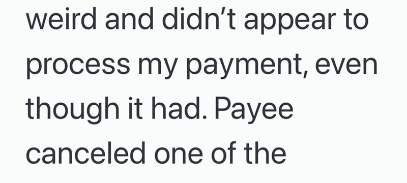 weird and didn't appear to process my payment, even though it had. Payee canceled one of the