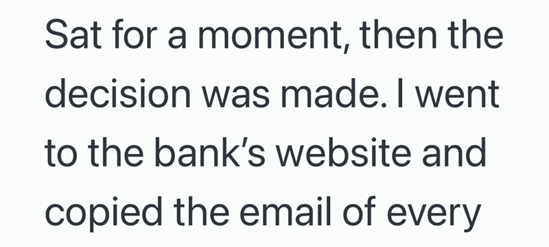Sat for a moment, then the decision was made. I went to the bank's website and copied the email of every