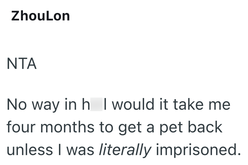 ZhouLon NTA No way in h I would it take me four months to get a pet back unless I was literally imprisoned.