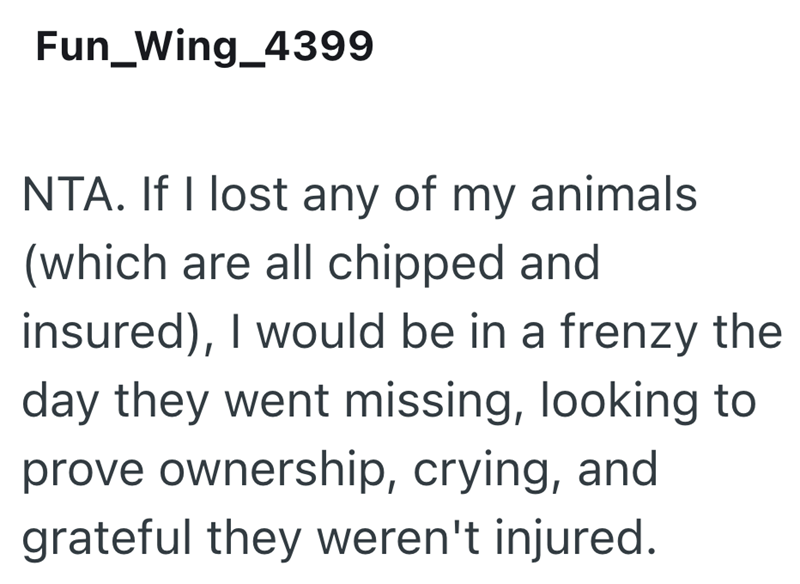 Fun_Wing_4399 NTA. If I lost any of my animals (which are all chipped and insured), I would be in a frenzy the day they went missing, looking to prove ownership, crying, and grateful they weren't injured.