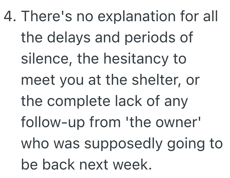 4. There's no explanation for all the delays and periods of silence, the hesitancy to meet you at the shelter, or the complete lack of any follow-up from 'the owner' who was supposedly going to be back next week.
