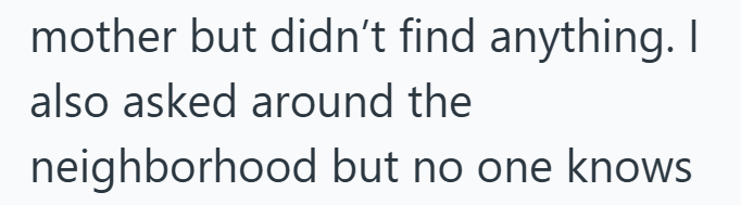mother but didn't find anything. I also asked around the neighborhood but no one knows